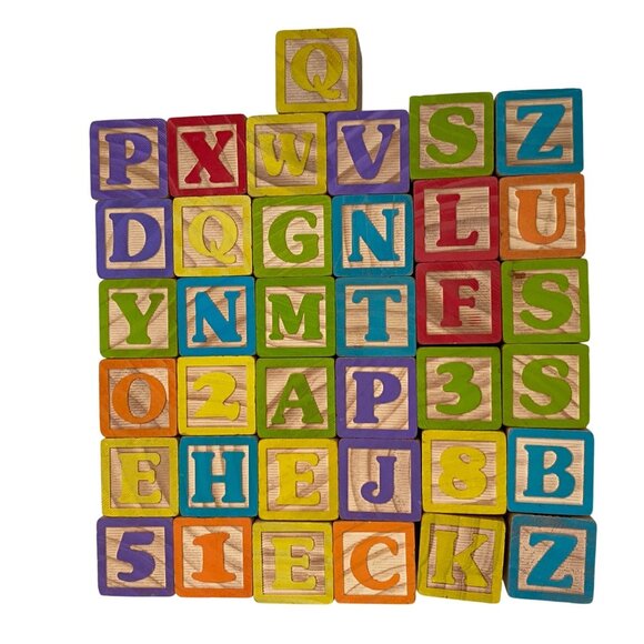 Wooden Block Lot of 37 Alphabet Letters Numbers Pictures Educational Homeschool - Picture 2 of 4